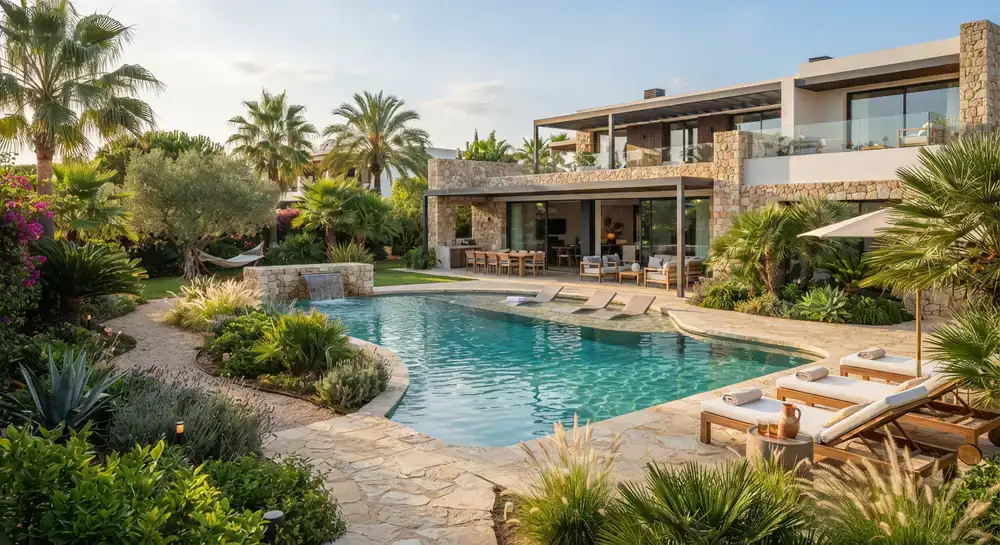 Spacious villa garden and pool